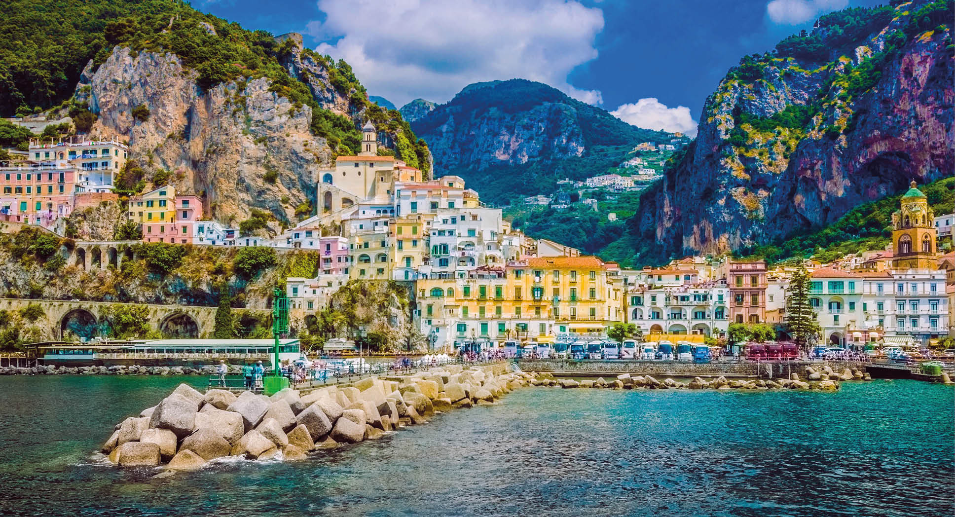 Amalfi Coast, Campania, Sorrento, Italy. View of the town and the seaside in a summer