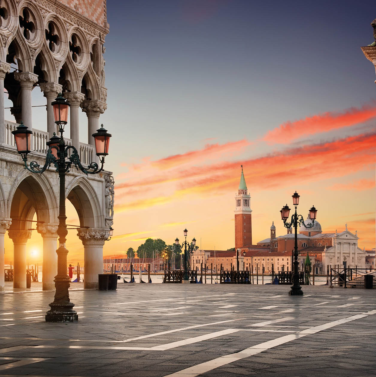 Square San Marco with the view on Palazzo Ducale and San Giorgio Maggiore in Venice at sunrise, Italy