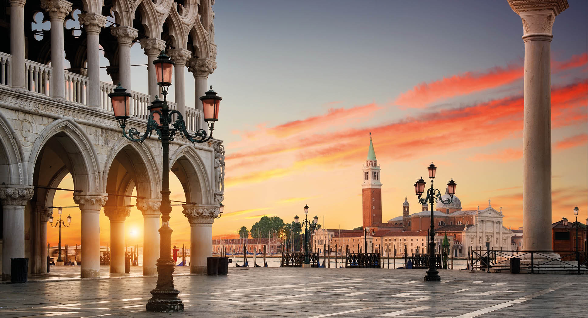 Square San Marco with the view on Palazzo Ducale and San Giorgio Maggiore in Venice at sunrise, Italy
