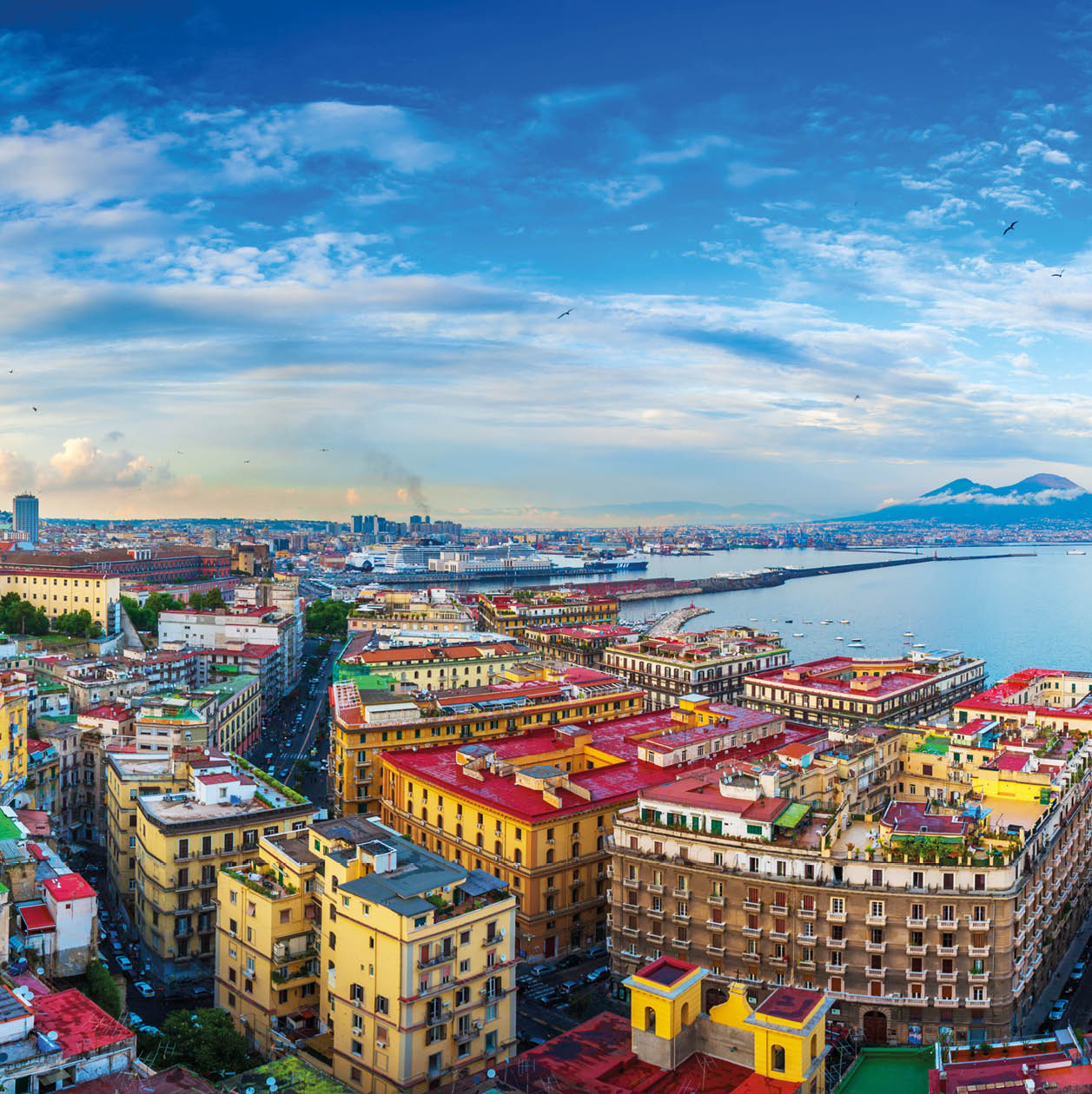 Panorama of Naples, view of the port in the Gulf of Naples and Mount Vesuvius. The province of Campania. Italy.