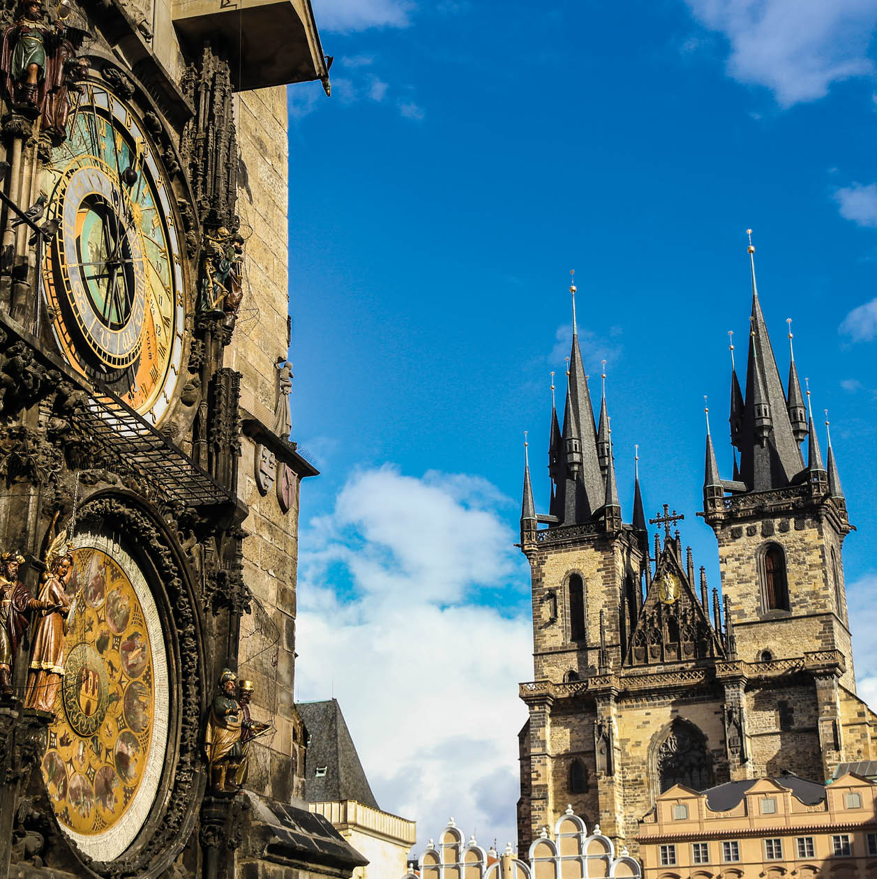 Old Town Square in Prague, Czech Republic - Old Town Hall, Astronomical clock and Tyn church.