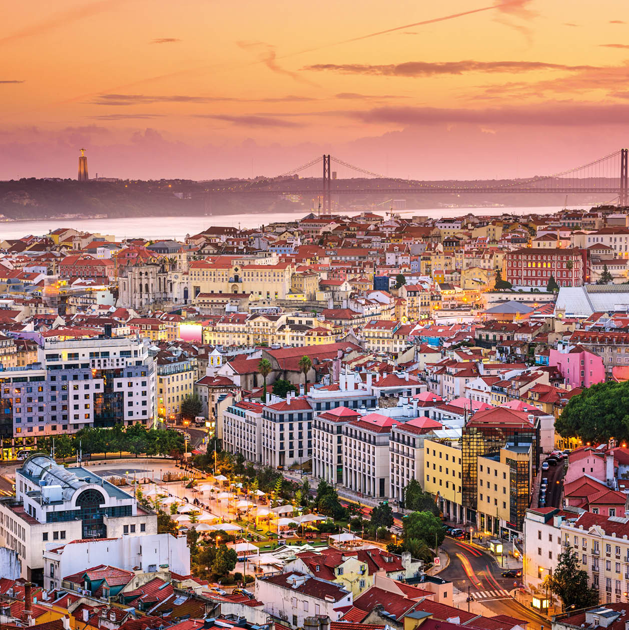 Lisbon, Portugal skyline at night.