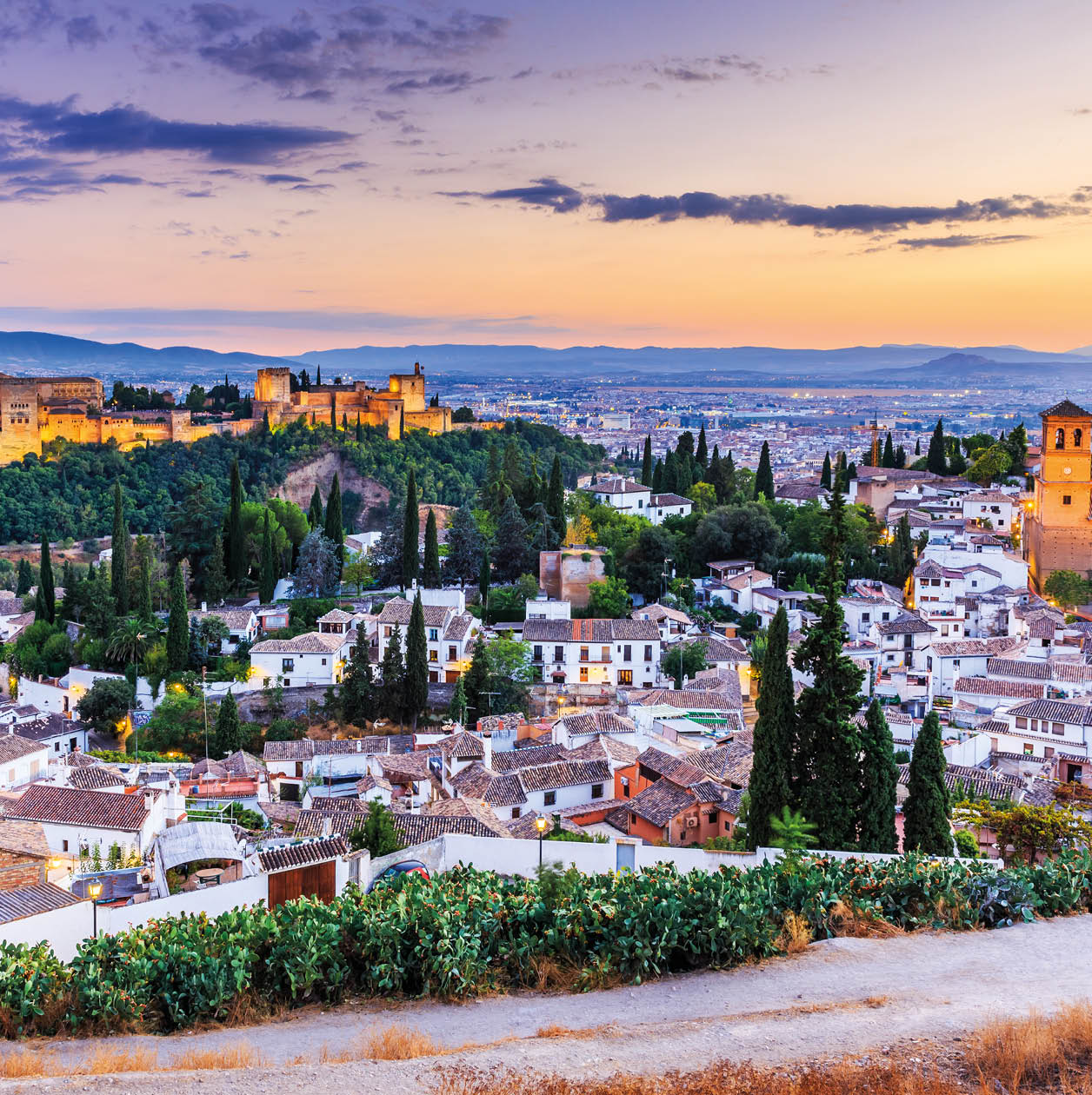 Alhambra of Granada, Spain. Alhambra fortress and Albaicin quarter at twilight.