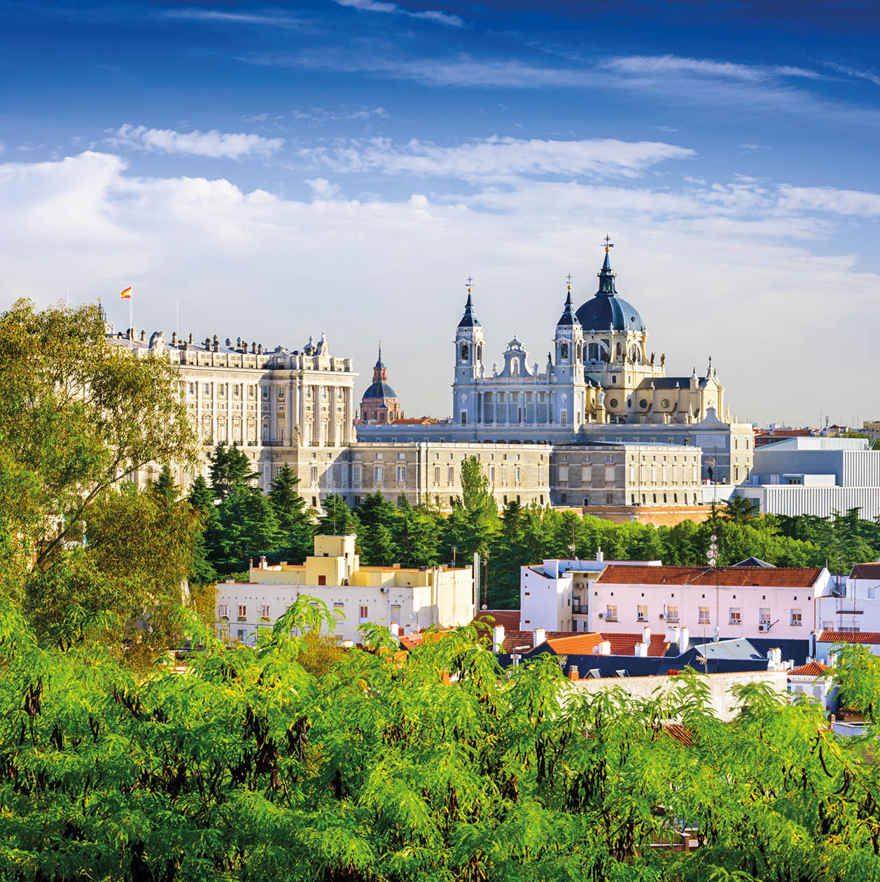 Madrid, Spain skyline at Santa Maria la Real de La Almudena Cathedral and the Royal Palace.