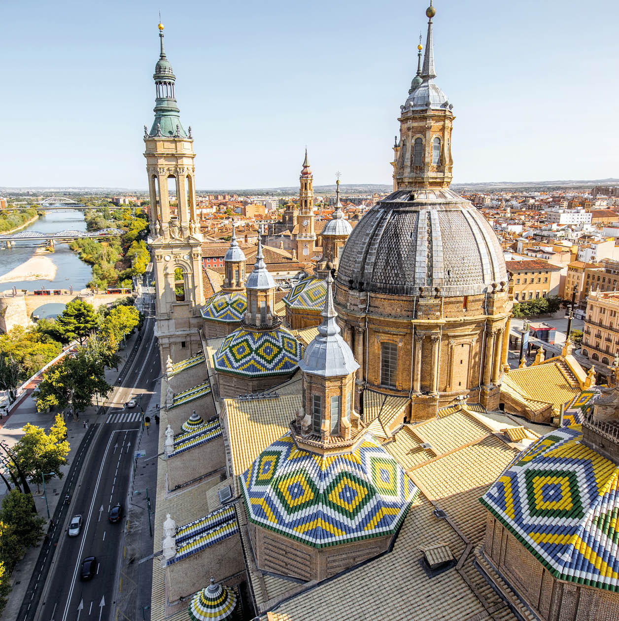 Aerial cityscape view on the roofs and spires of basilica of Our Lady in Zaragoza city in Spain