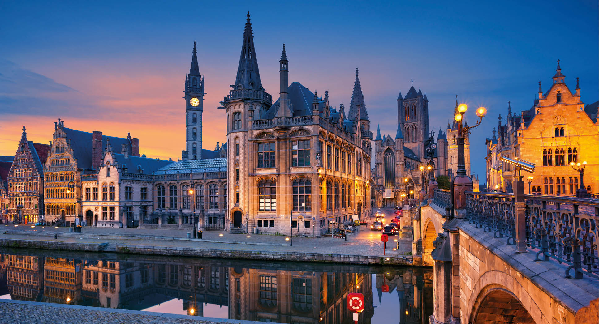 Image of Ghent, Belgium during twilight blue hour.