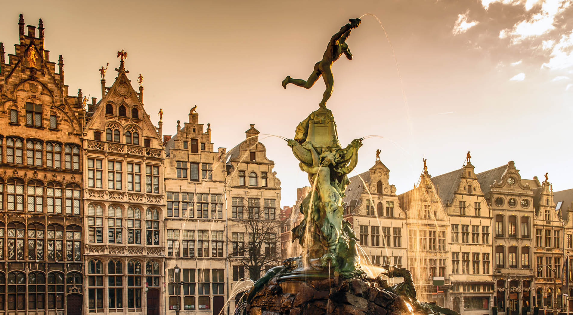 Brabo fountain in front of the town hall on the Great Market Square of Antwerp, Belgium
