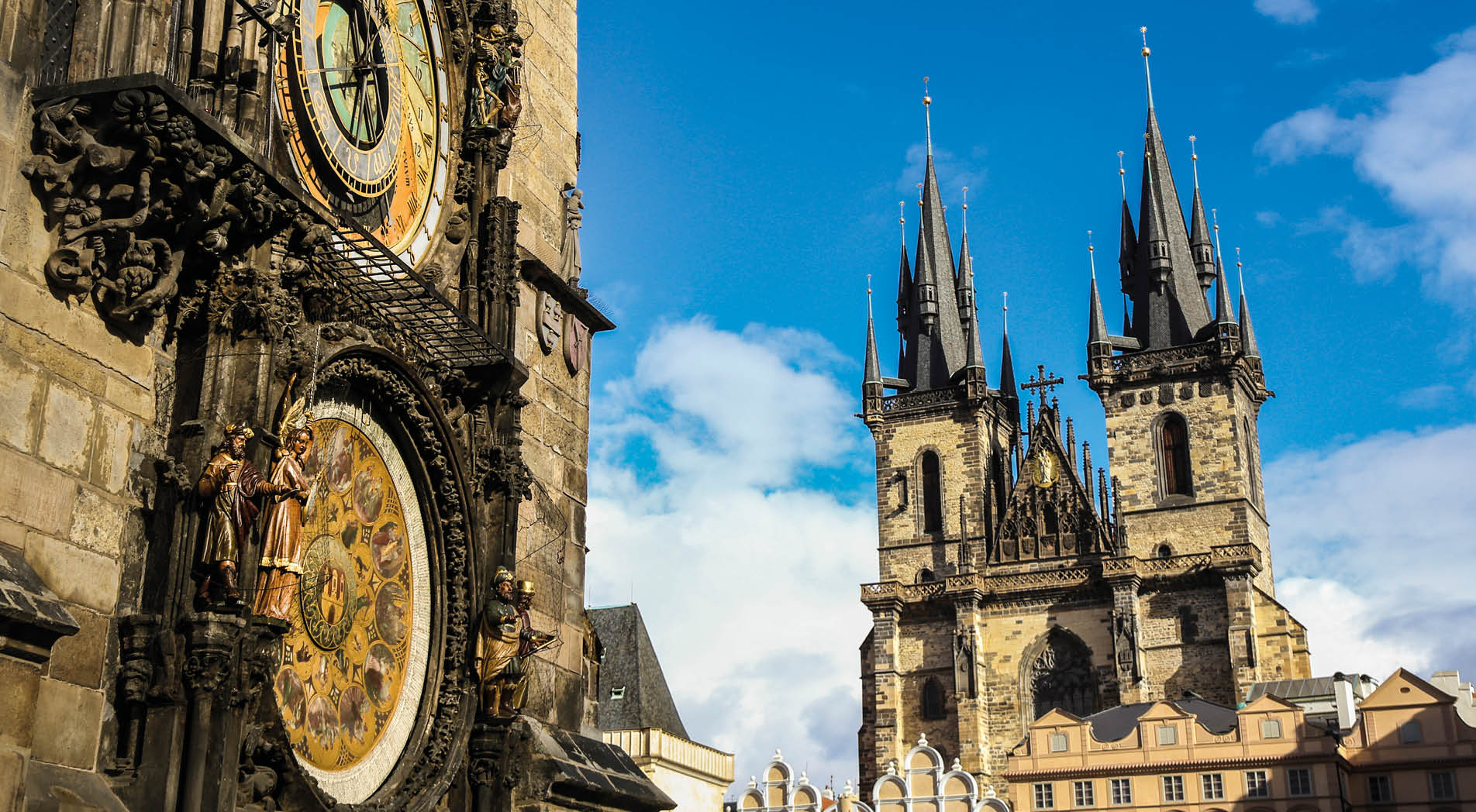 Old Town Square in Prague, Czech Republic - Old Town Hall, Astronomical clock and Tyn church.