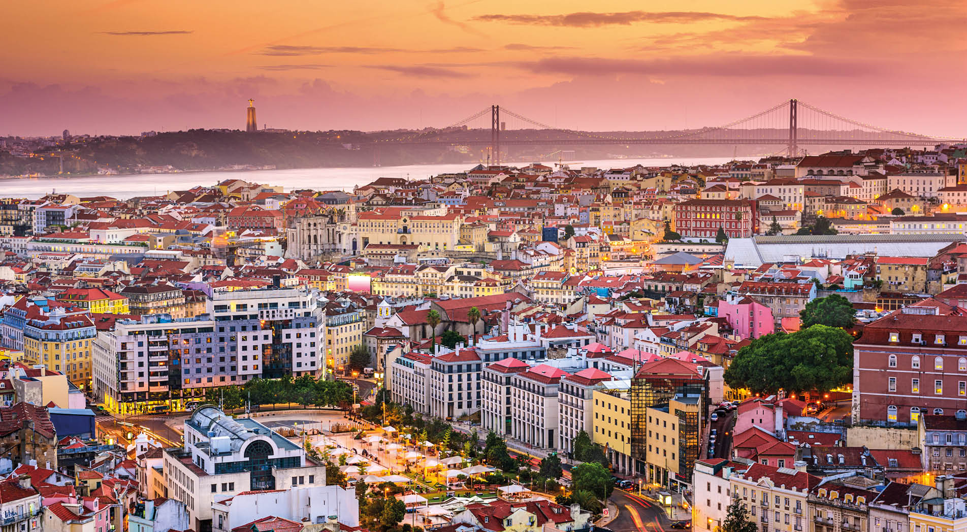 Lisbon, Portugal skyline at night.