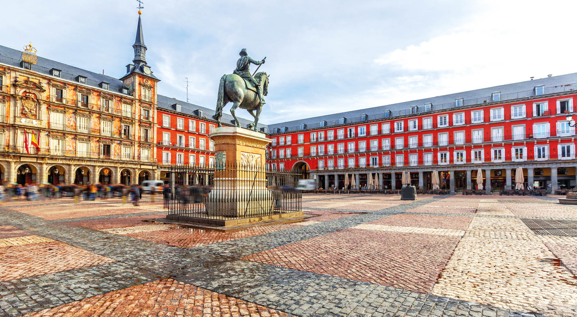 Plaza Mayor with statue of King Philips III in Madrid, Spain