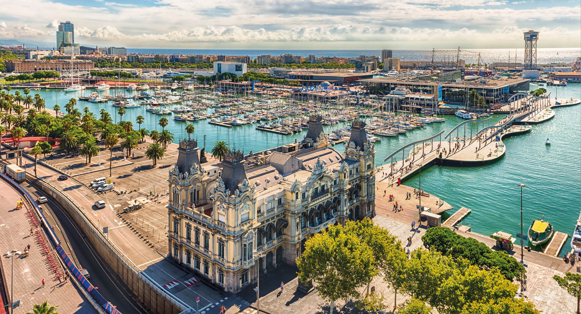 Scenic aerial view of Port Vell from the top of Columbus Monument, Barcelona, Catalonia, Spain
