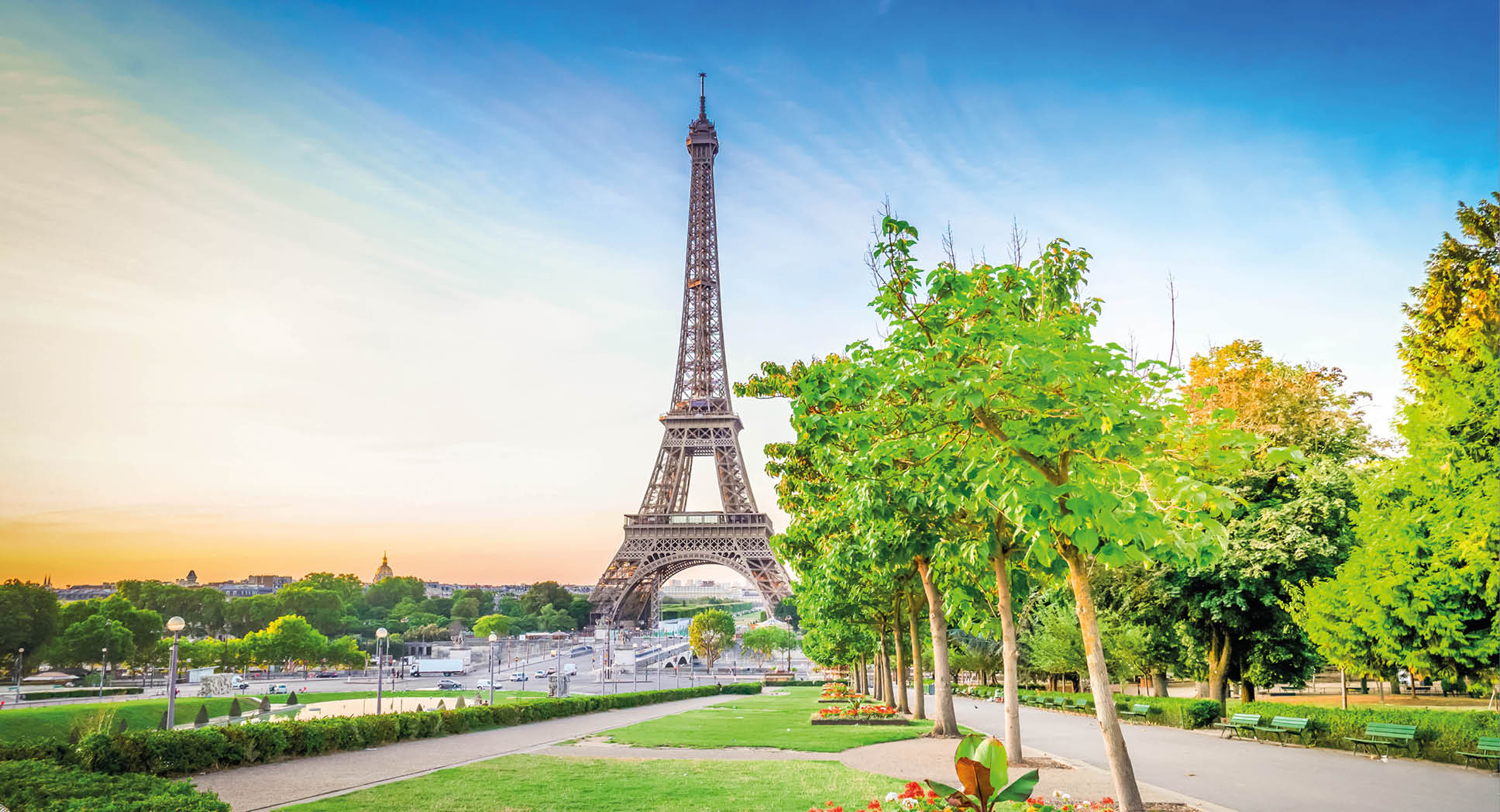 Paris Eiffel Tower and Trocadero garden at sunrise in Paris, France. Web banner format. Eiffel Tower is one of the most iconic landmarks of Paris at early morning