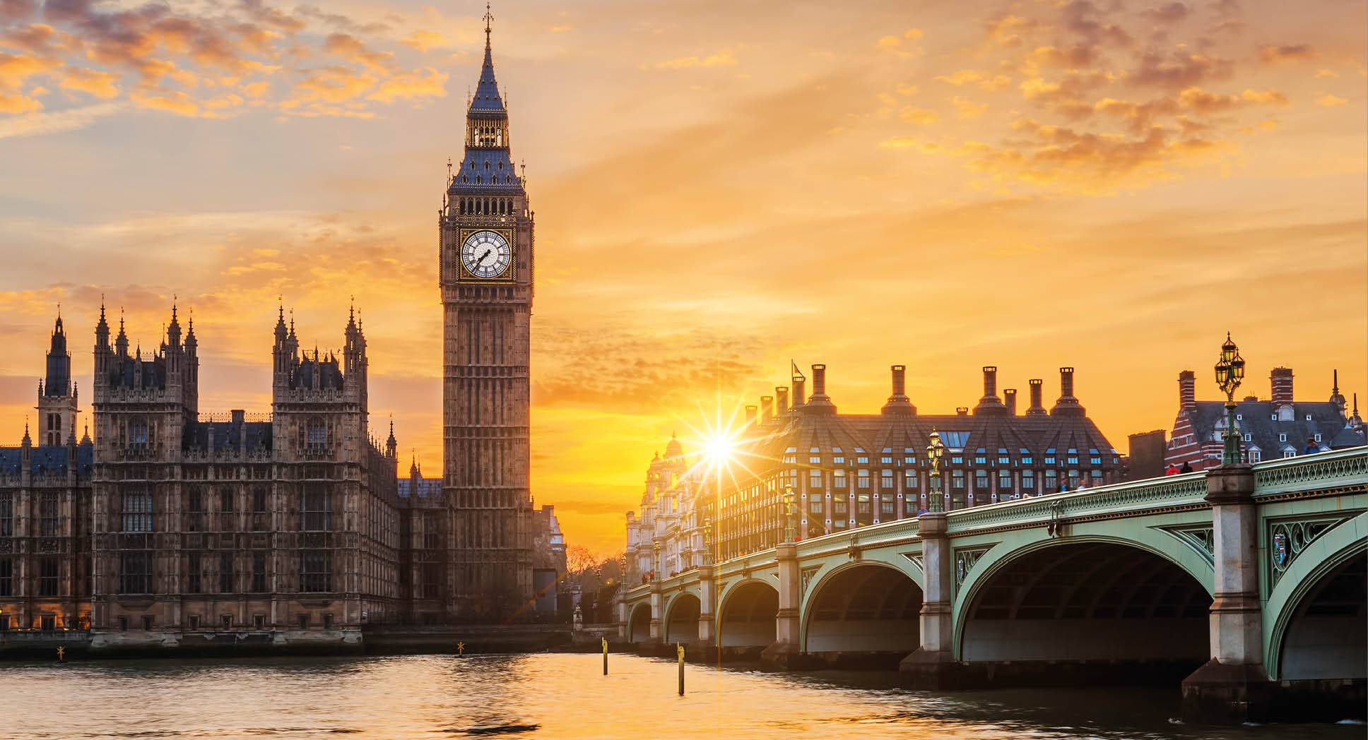 Big Ben and Westminster Bridge at sunset, London, UK