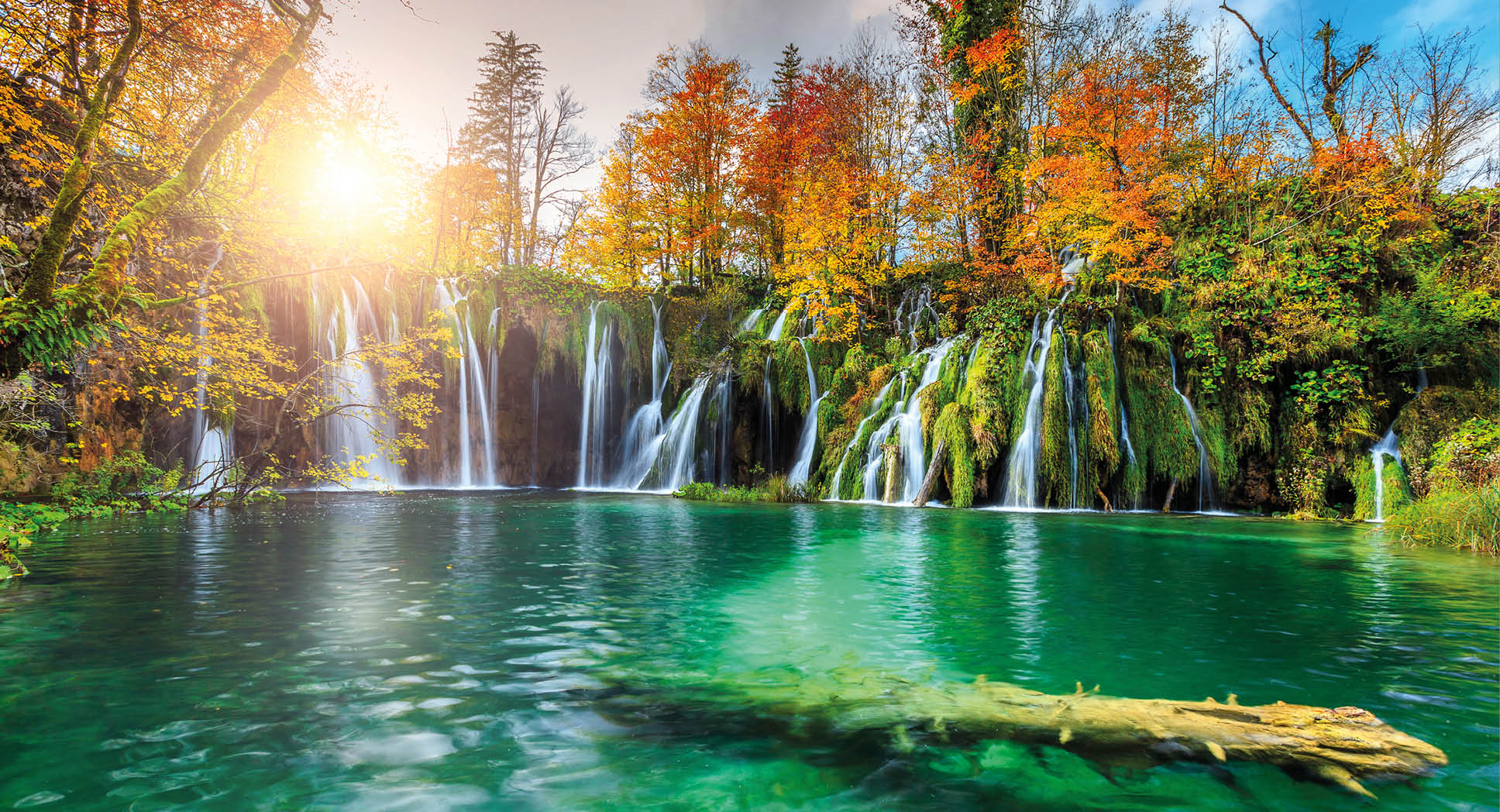 Stunning colorful autumn landscape with spectacular lake and waterfalls in Plitvice lakes National Park, Croatia, Europe