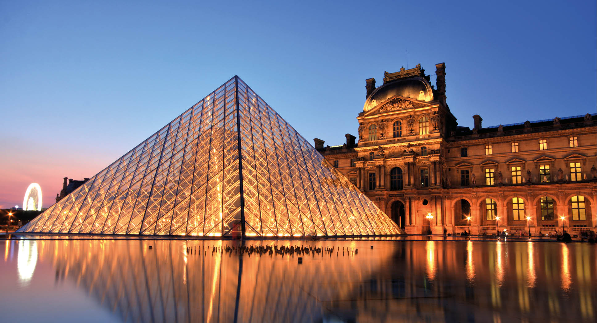 Editorial: PARIS, FRANCE - JULY 6: The Louvre Pyramid at dusk during the Michelangelo Pistoletto Exhibition on July 6, 2013 in Paris. The Pyramid is the main entrance to the Louvre Museum. Completed in 1989 and became one of the landmarks of Paris    Keywords:  paris, louvre, museum, pyramid, france, sunset, entrance, architecture, europe, night, exhibition, reflection, castle, history, palace, famous, landmark, historic, evening, modern, art, water, sky, light, twilight, landscape, french, building, chateau, place, pond, beautiful, shape, golden, cityscape, reflecting, glass, dusk, urban, summer, design, symbol, city, european, monument