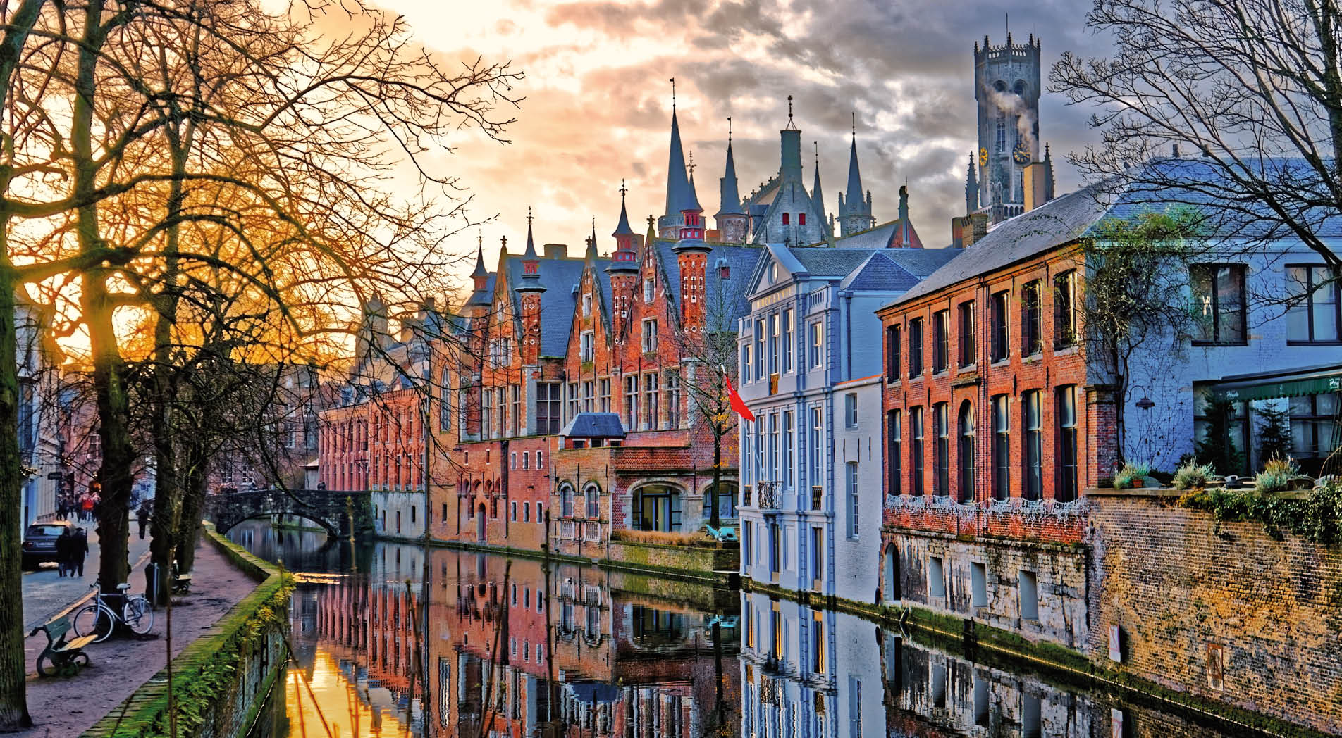 Canals of Bruges (Brugge), Belgium. Winter evening view.