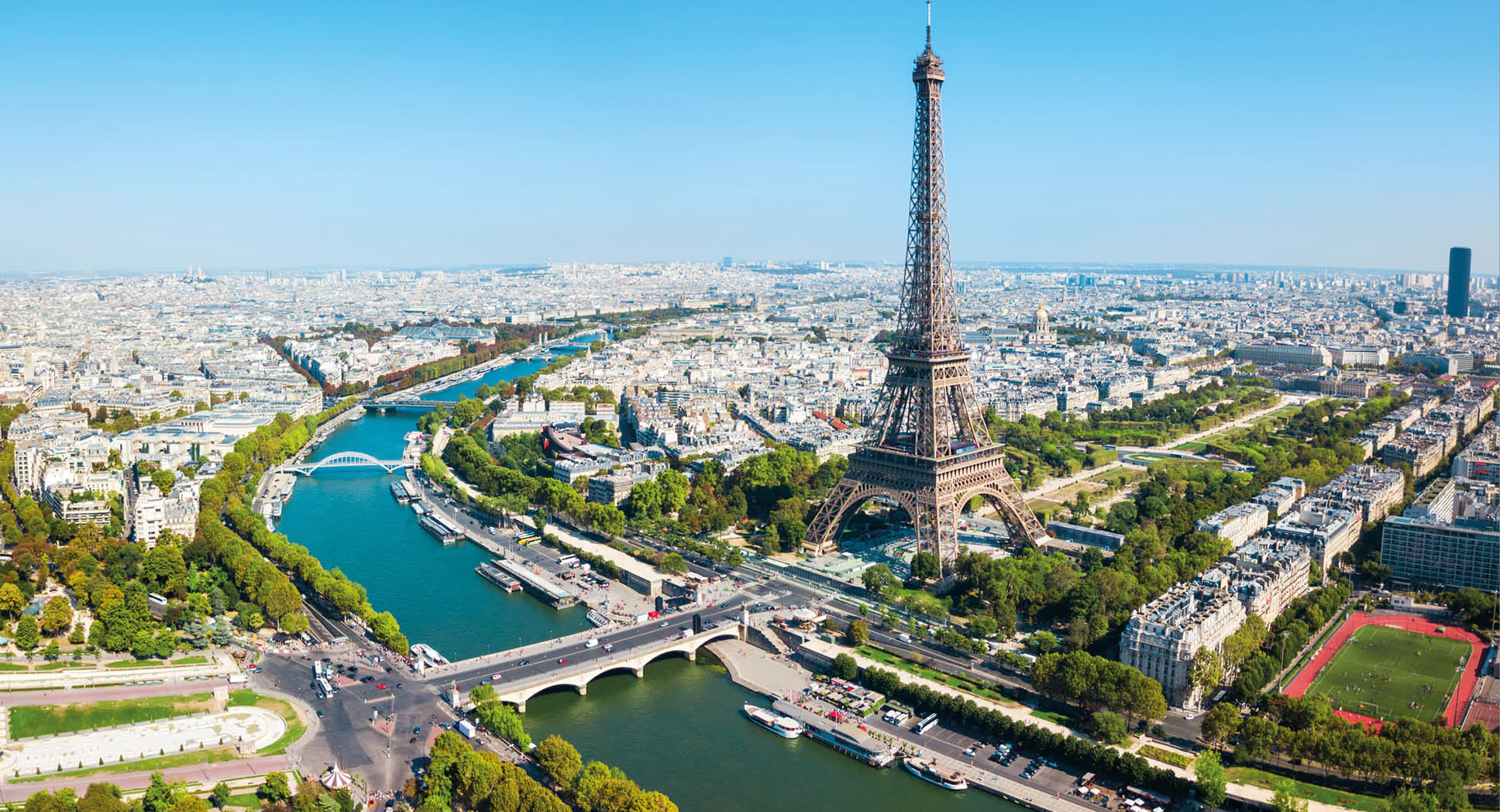 Eiffel Tower or Tour Eiffel aerial view, is a wrought iron lattice tower on the Champ de Mars in Paris, France