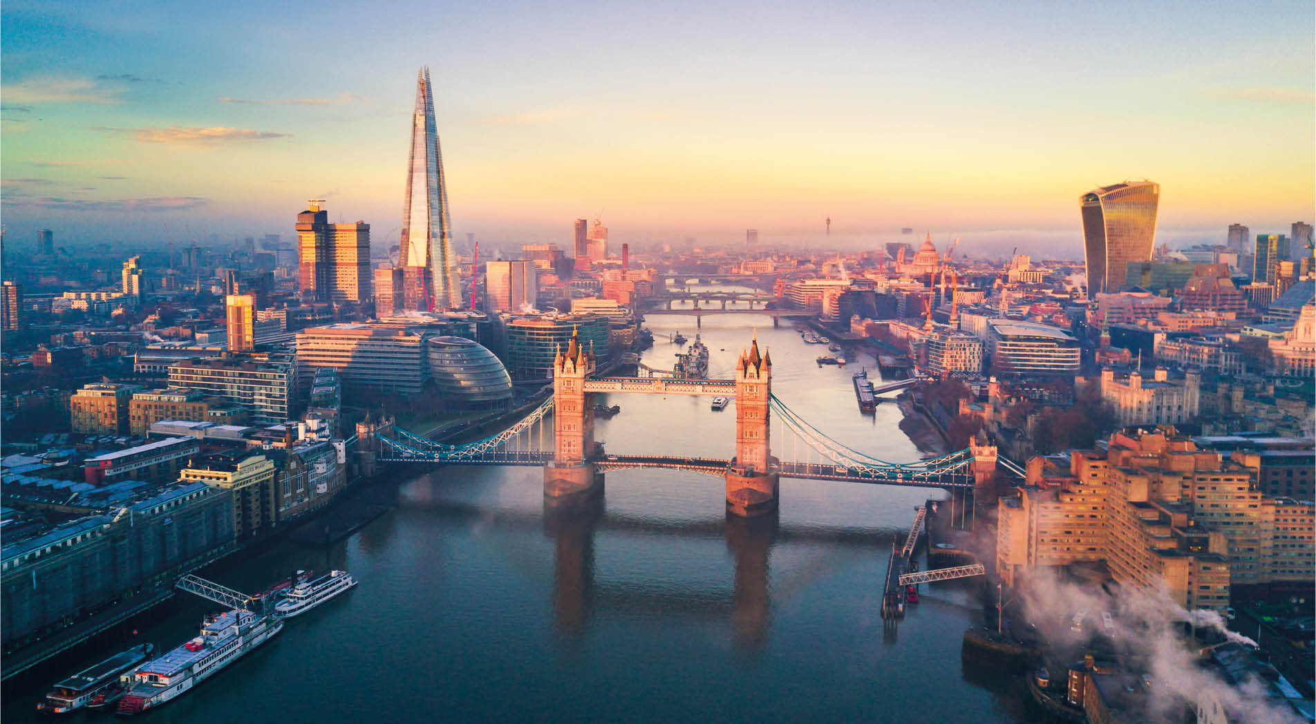 Aerial view of London and the Tower Bridge, England, United Kingdom