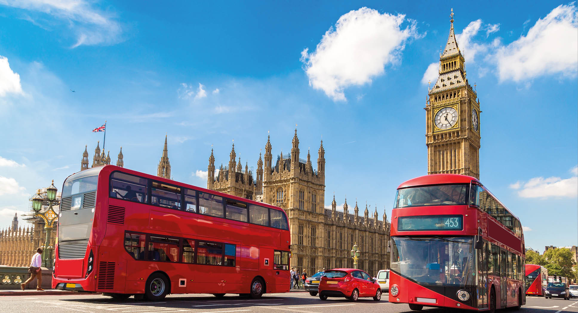 Big Ben, Westminster Bridge and red double decker bus in London, England, United Kingdom