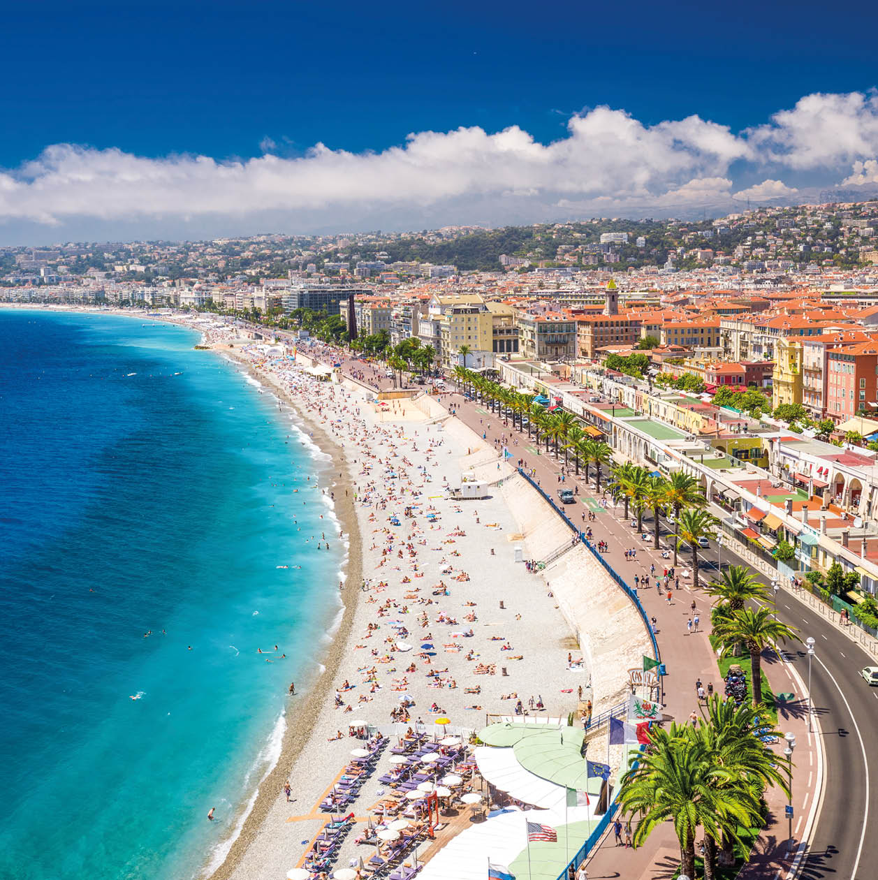 NICE, FRANCE - July 2017 - Beach promenade in old city center of Nice, French riviera, France, Europe. 