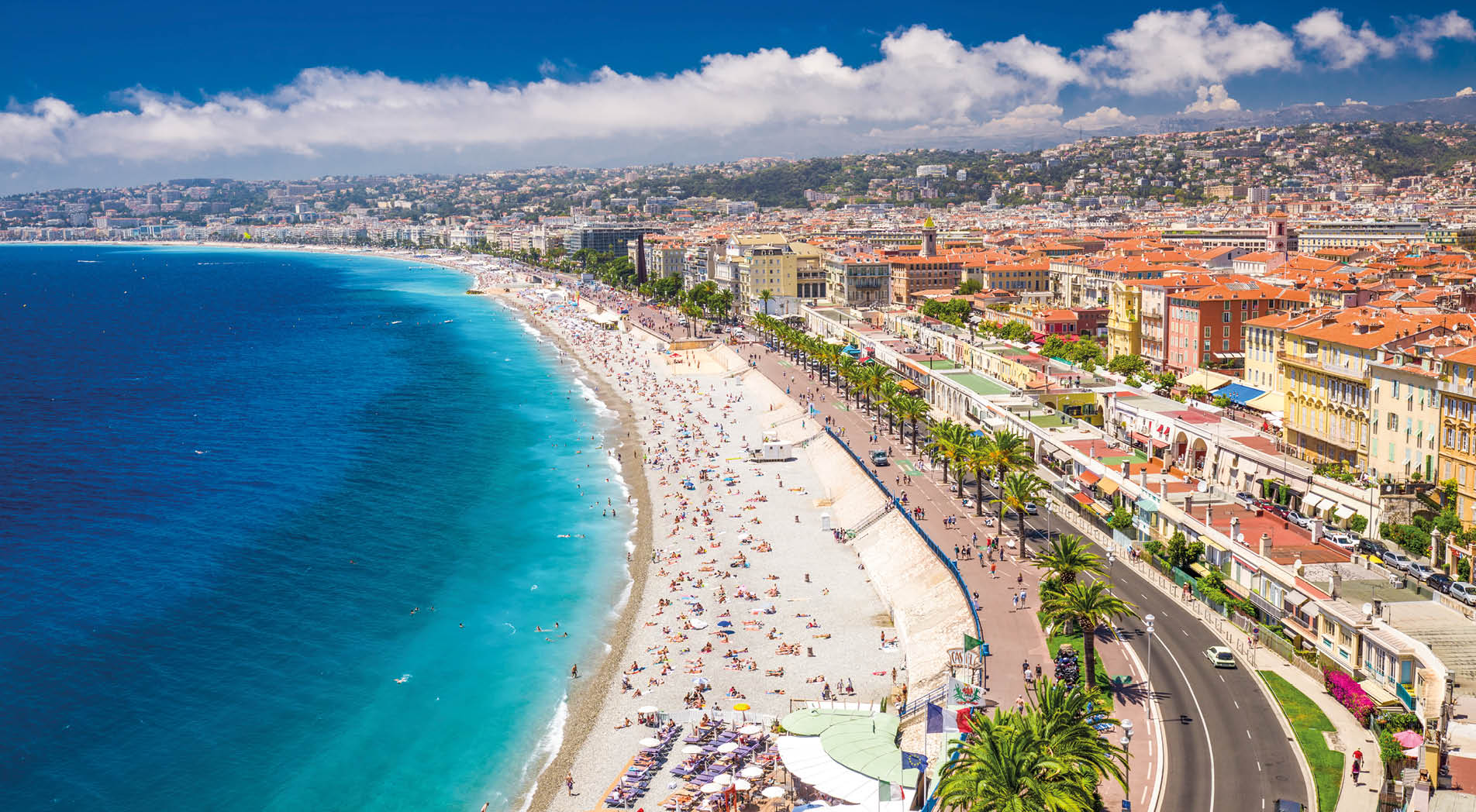 NICE, FRANCE - July 2017 - Beach promenade in old city center of Nice, French riviera, France, Europe. 