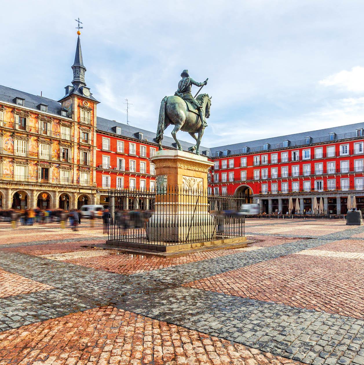 Plaza Mayor with statue of King Philips III in Madrid, Spain
