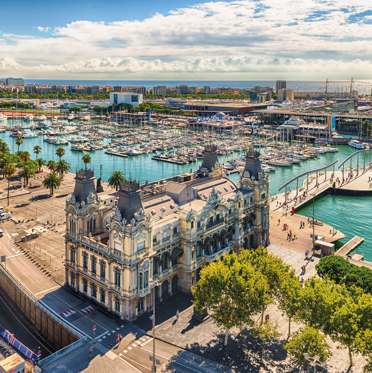 Scenic aerial view of Port Vell from the top of Columbus Monument, Barcelona, Catalonia, Spain