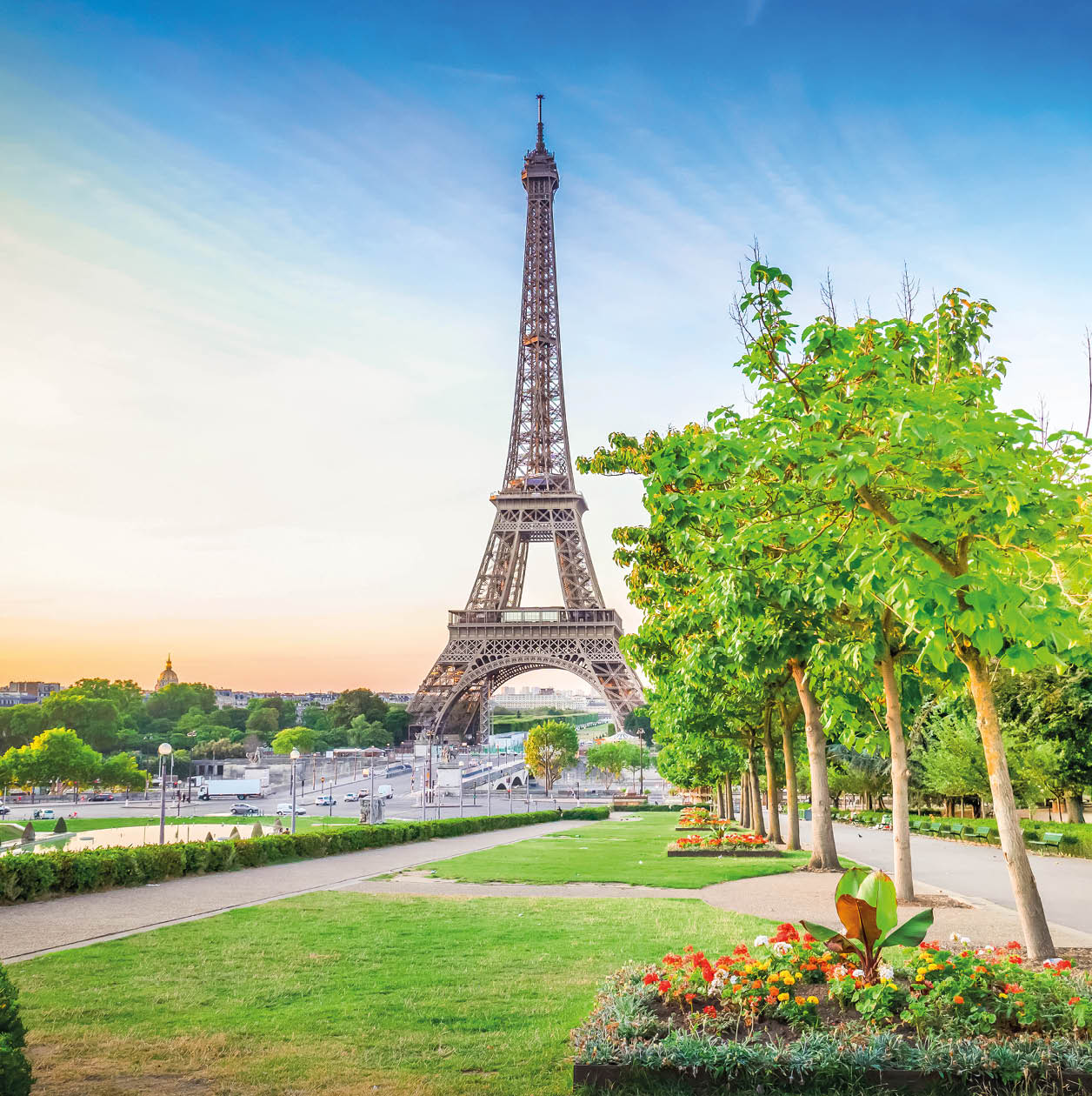 Paris Eiffel Tower and Trocadero garden at sunrise in Paris, France. Web banner format. Eiffel Tower is one of the most iconic landmarks of Paris at early morning