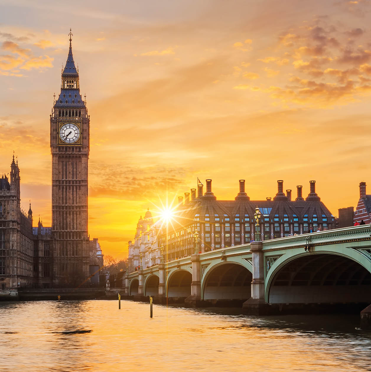 Big Ben and Westminster Bridge at sunset, London, UK