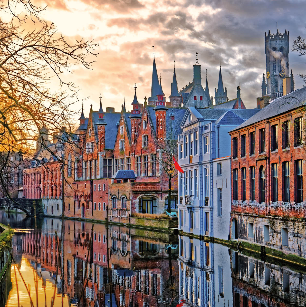 Canals of Bruges (Brugge), Belgium. Winter evening view.