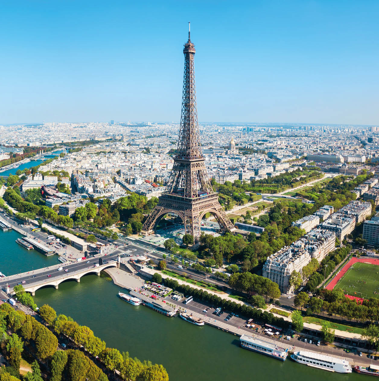 Eiffel Tower or Tour Eiffel aerial view, is a wrought iron lattice tower on the Champ de Mars in Paris, France