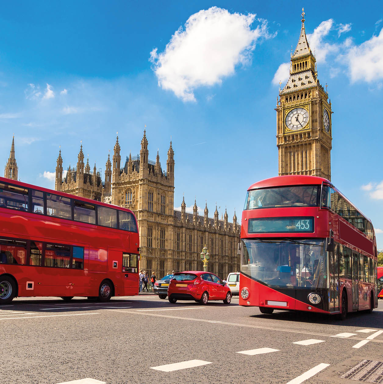 Big Ben, Westminster Bridge and red double decker bus in London, England, United Kingdom