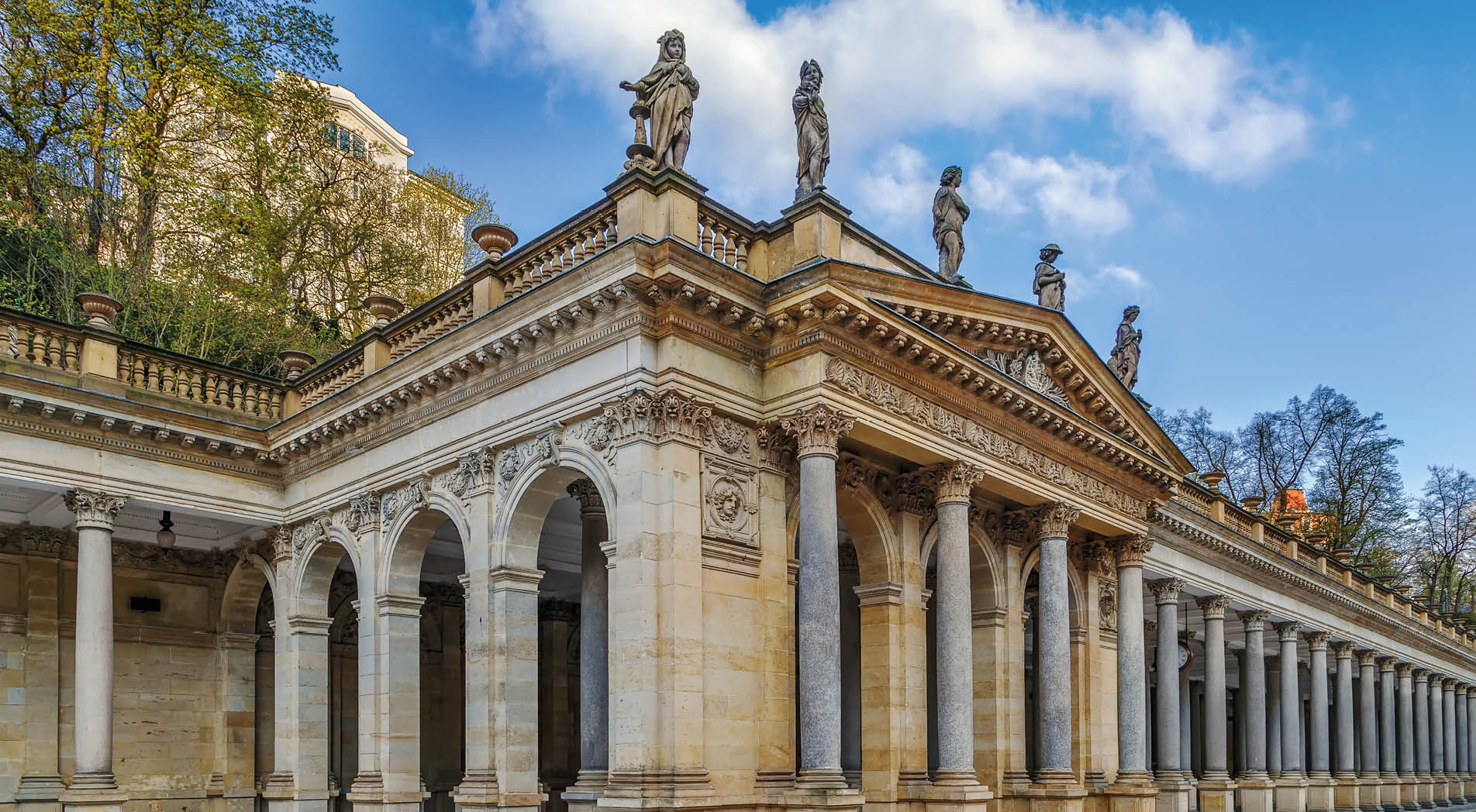 The Mill Colonnade is a large colonnade containing several hot springs in the spa town of Karlovy Vary.The Mill Colonnade is supported by 124 columns.