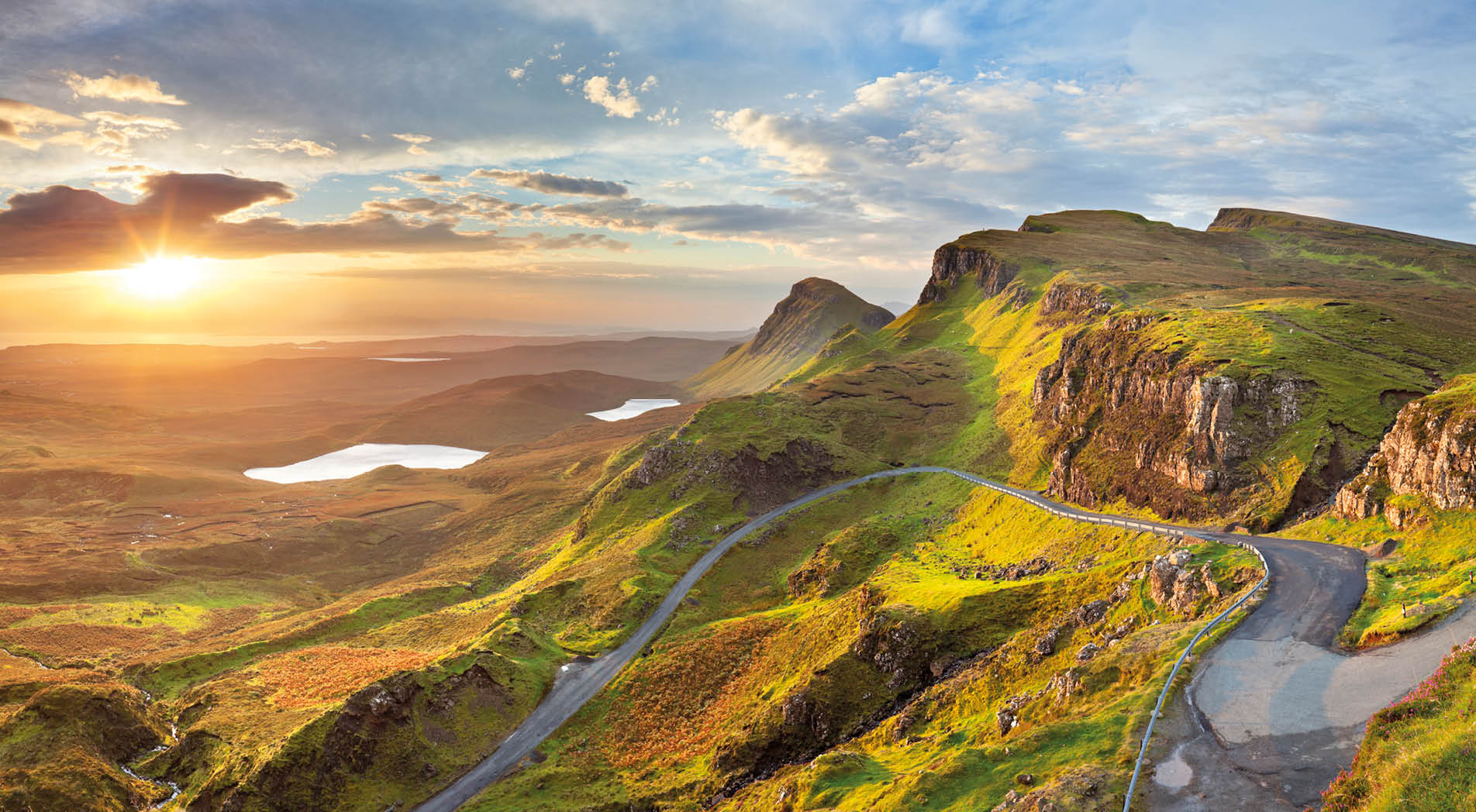 Beautiful light at Quiraing, Isle of Skye, Scotland. A seamlessly stitched panoramic image.
