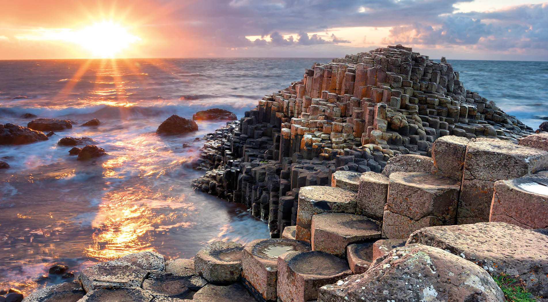 Sunset at Giant s Causeway in North Antrim, Northern Ireland