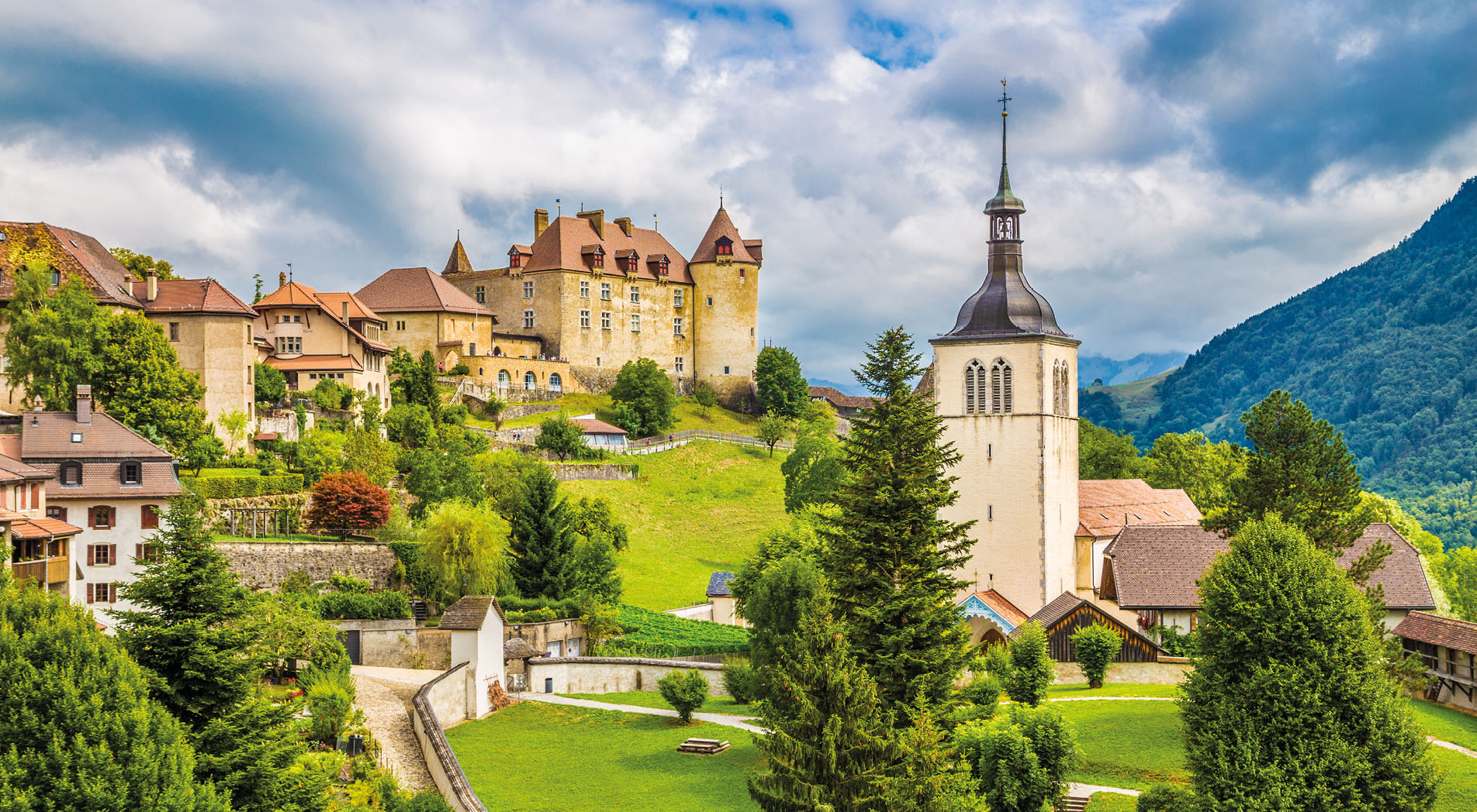 Beautiful view of the medieval town of Gruyeres, home to the world-famous Le Gruyere cheese, canton of Fribourg, Switzerland.