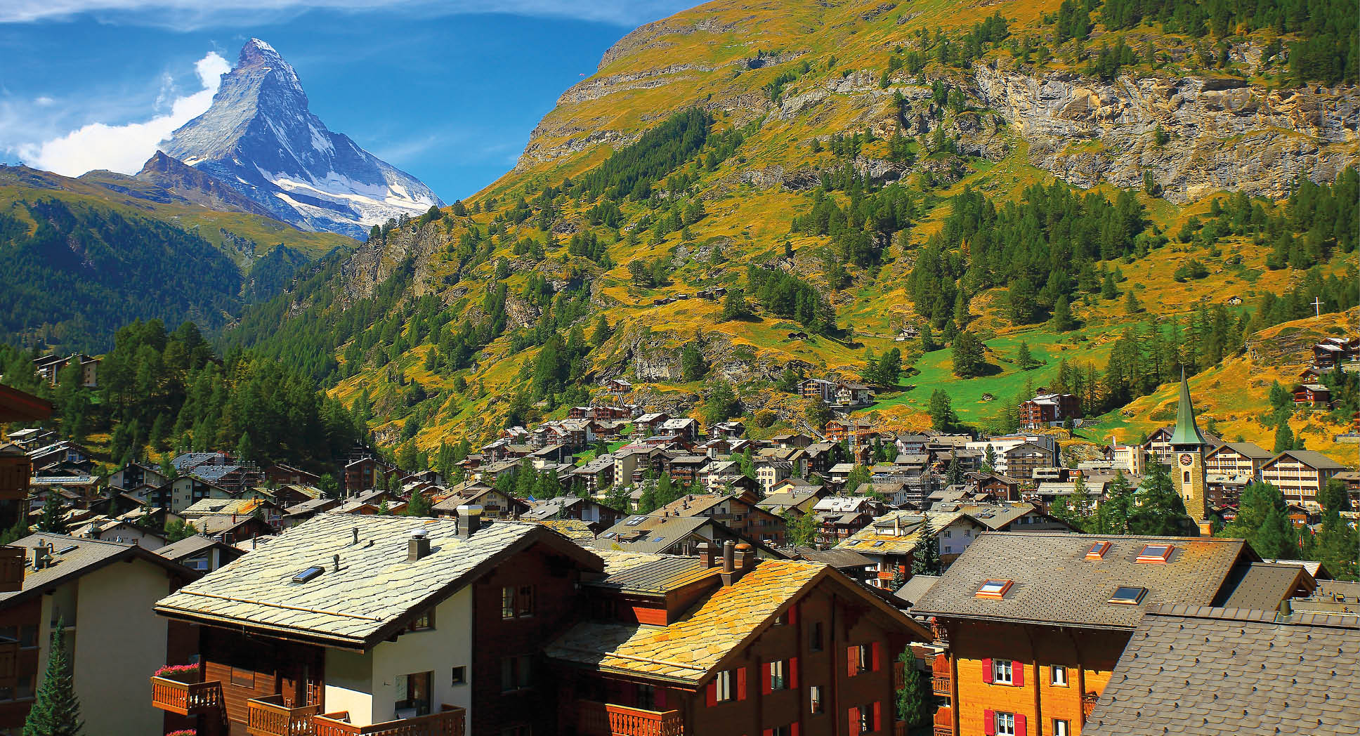 Matterhorn Above Zermatt alpine village swiss chalets panorama, Swiss Alps