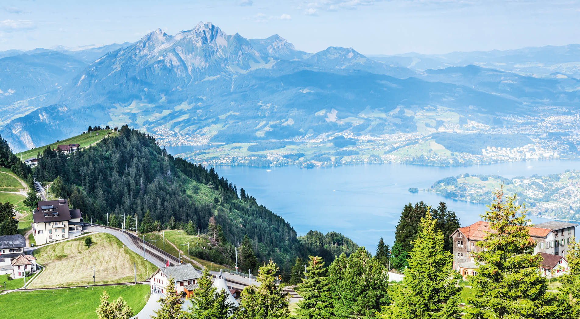 Lake Lucerne from high on Mount Rigi above Weggis in Switzerland. Lucerne is on the right and the skyline mountain is Mount Pilatus. AdobeRGB colorspace. Other views around Lake Lucerne: