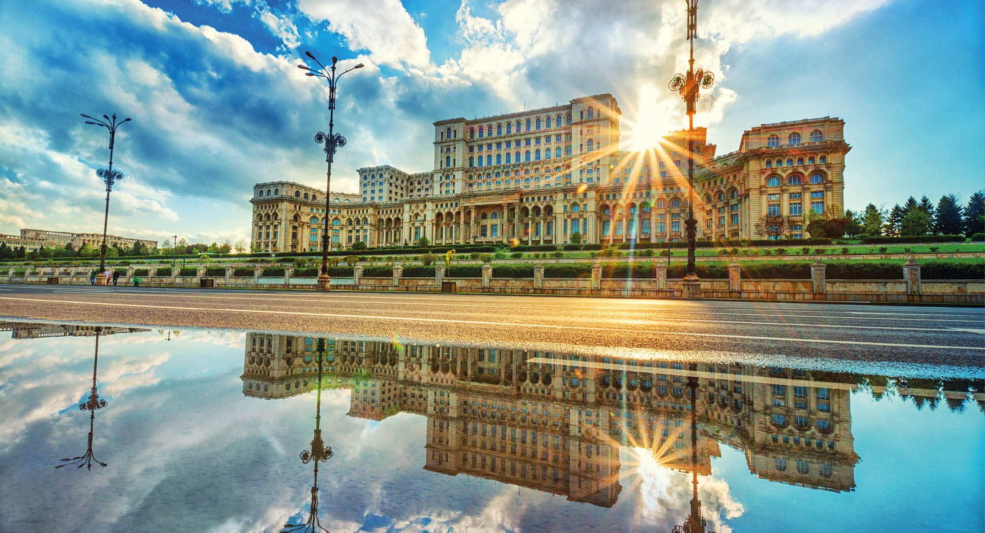 Parliament Palace in Bucharest at sunset, the Largest building in Europe.