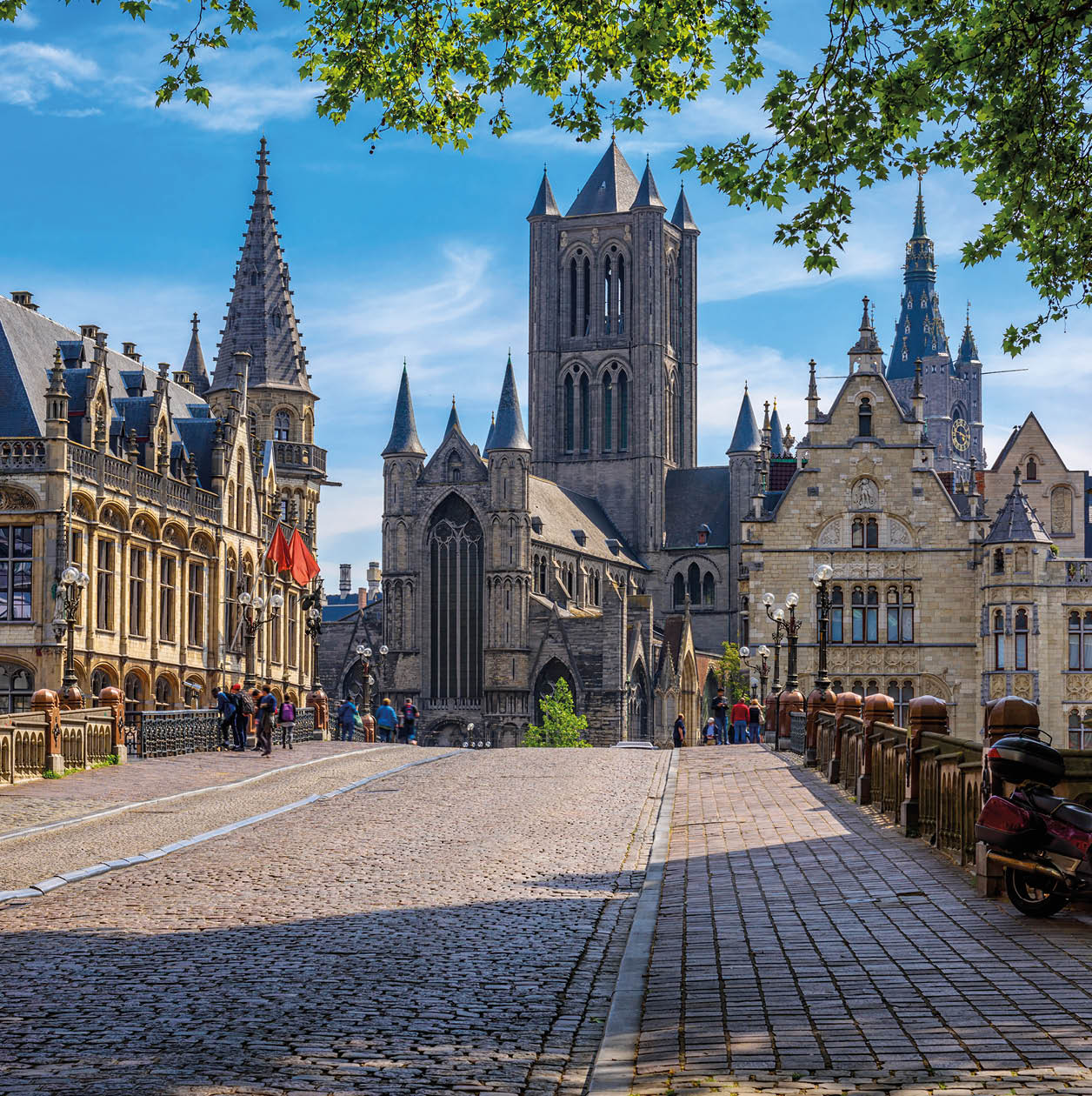Medieval city of Gent (Ghent) in Flanders with Saint Nicholas Church and Gent Town Hall, Belgium. Cityscape of Ghent.