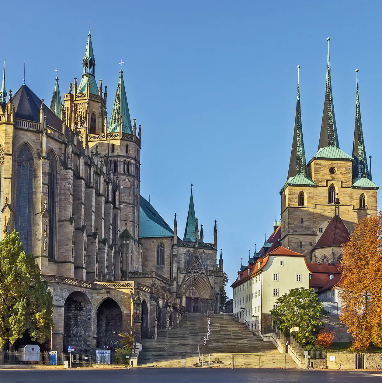 Erfurt Cathedral and Severikirche,Germany. Both churches tower above the town scape and are accessible via huge open stairs called Domstufen.