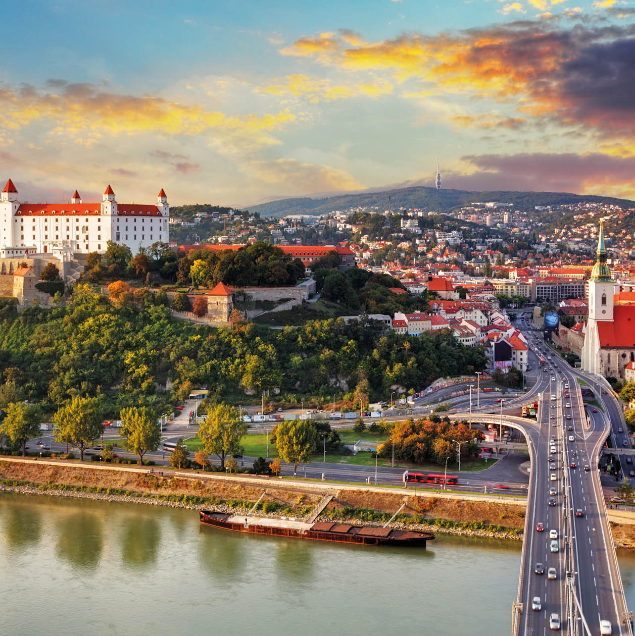 Bratislava at sunset - aerial view, Slovakia