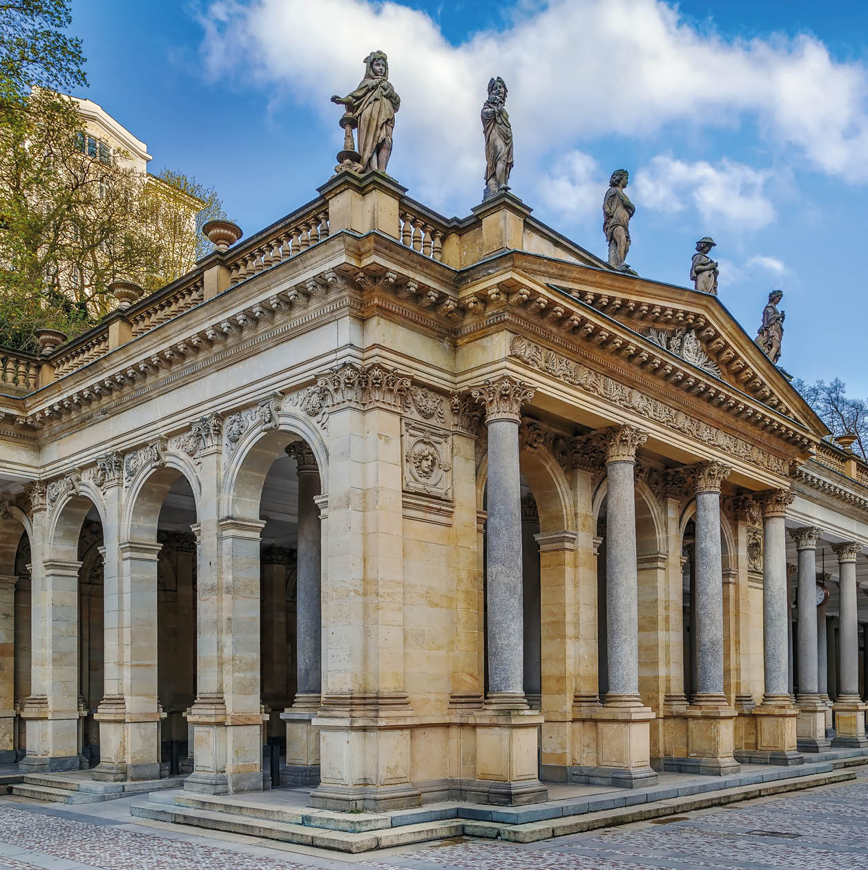 The Mill Colonnade is a large colonnade containing several hot springs in the spa town of Karlovy Vary.The Mill Colonnade is supported by 124 columns.