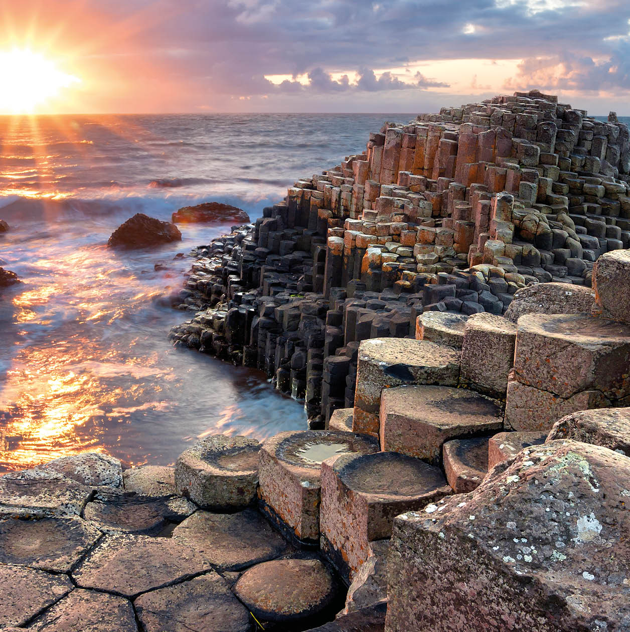 Sunset at Giant s Causeway in North Antrim, Northern Ireland