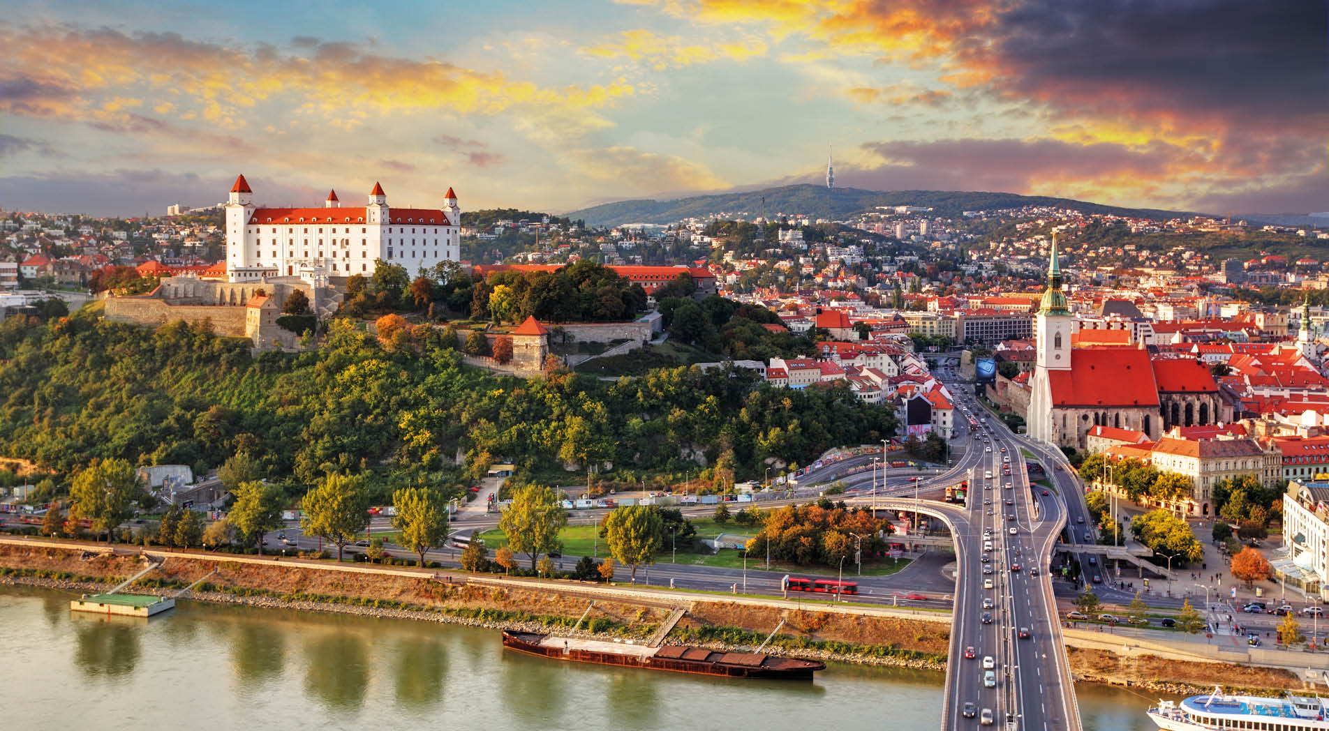 Bratislava at sunset - aerial view, Slovakia