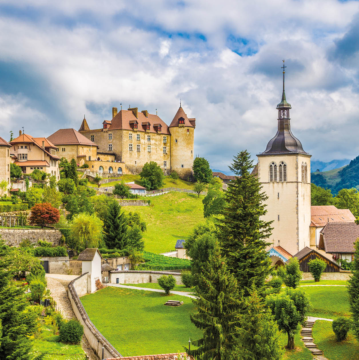 Beautiful view of the medieval town of Gruyeres, home to the world-famous Le Gruyere cheese, canton of Fribourg, Switzerland.