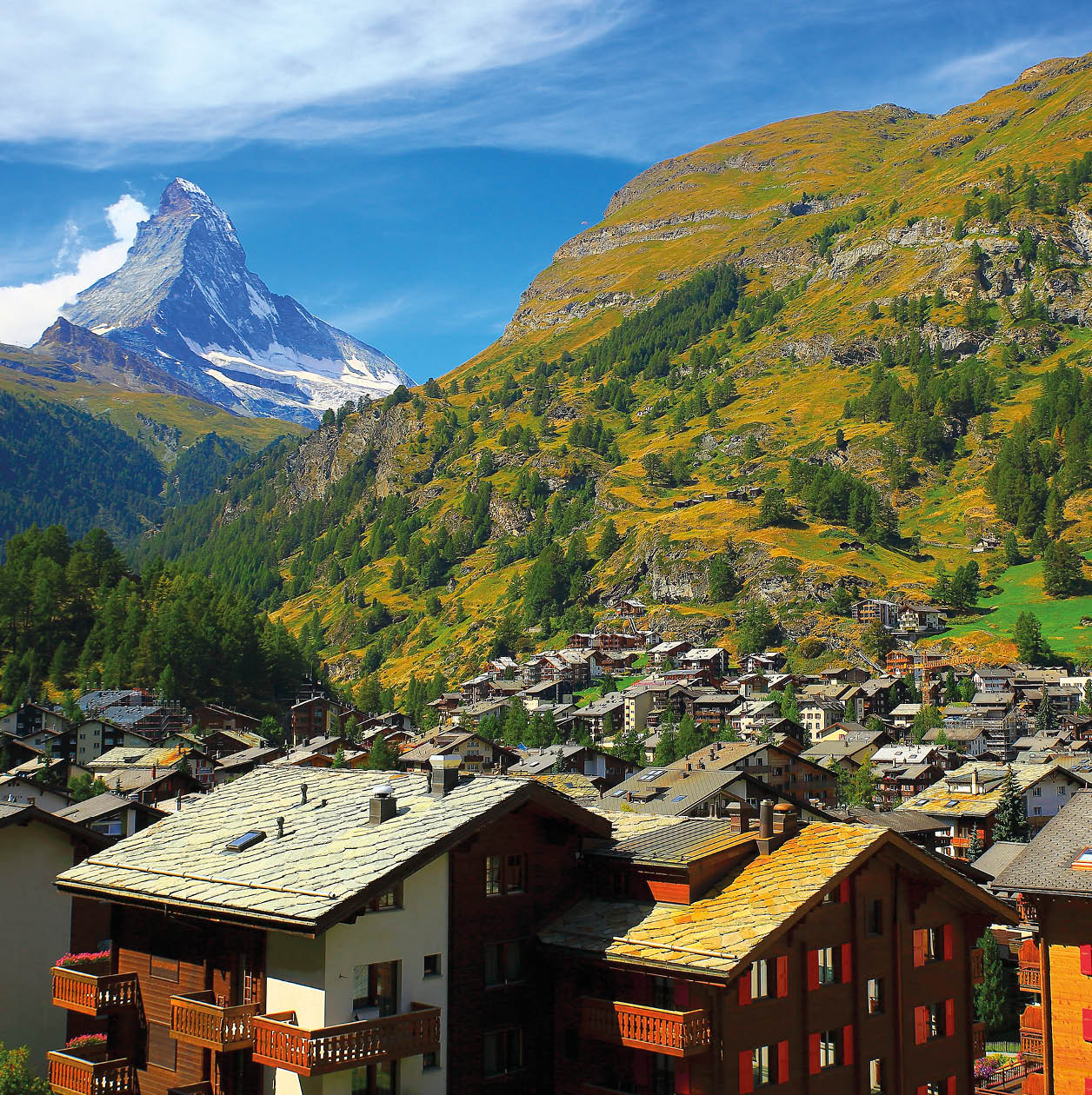 Matterhorn Above Zermatt alpine village swiss chalets panorama, Swiss Alps