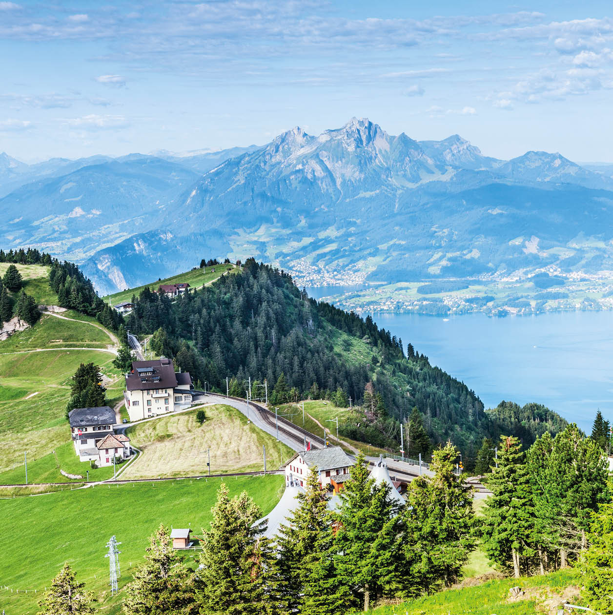 Lake Lucerne from high on Mount Rigi above Weggis in Switzerland. Lucerne is on the right and the skyline mountain is Mount Pilatus. AdobeRGB colorspace. Other views around Lake Lucerne: