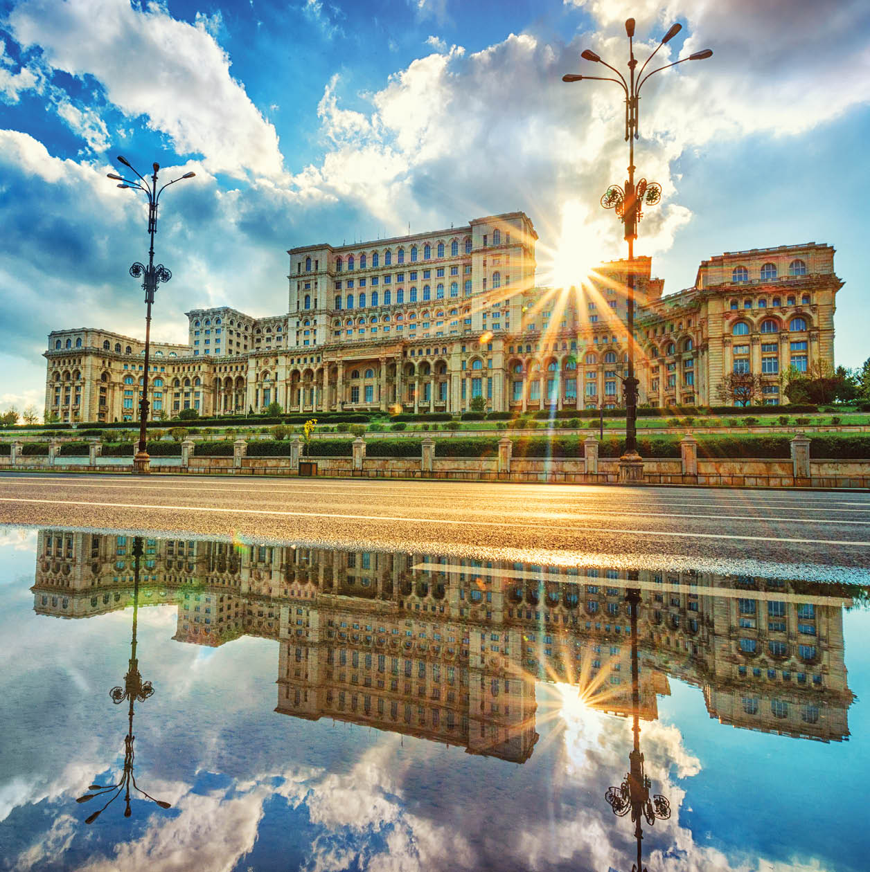 Parliament Palace in Bucharest at sunset, the Largest building in Europe.