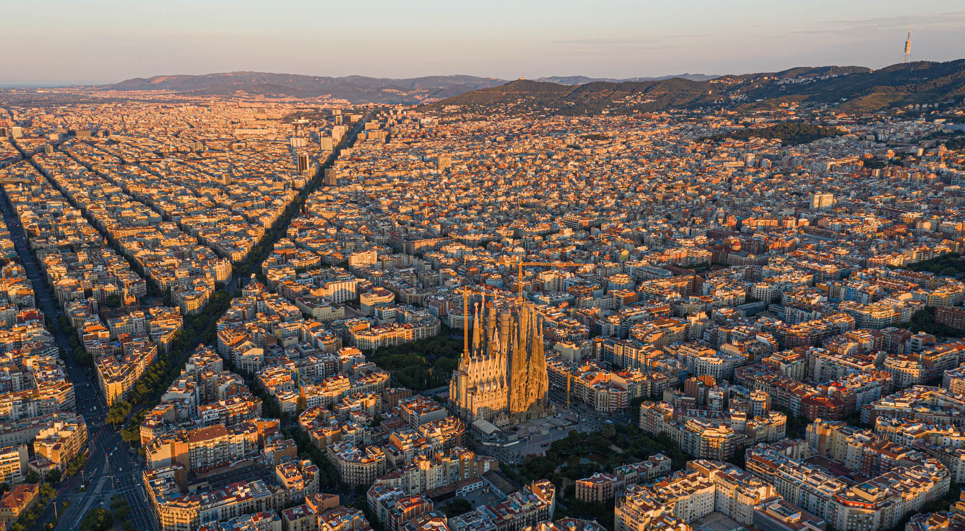 aerial view of Barcelona at first light on the famous Sagrada familia